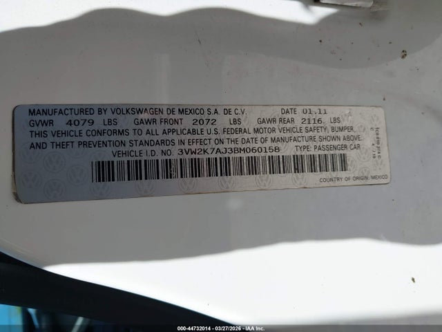44732014 :رقم المزاد ، 3VW2K7AJ3BM060158 vin ، 2011 Volkswagen Jetta 2.0l S مزاد بيع