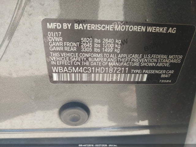 2017 Bmw 535i Gran Turismo Xdrive მანქანა იყიდება აუქციონზე, vin: WBA5M4C31HD187211, აუქციონის ნომერი: 44732016