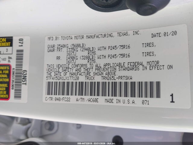 44732019 :رقم المزاد ، 5TFAX5GN1LX177120 vin ، 2020 Toyota Tacoma Sr5 مزاد بيع