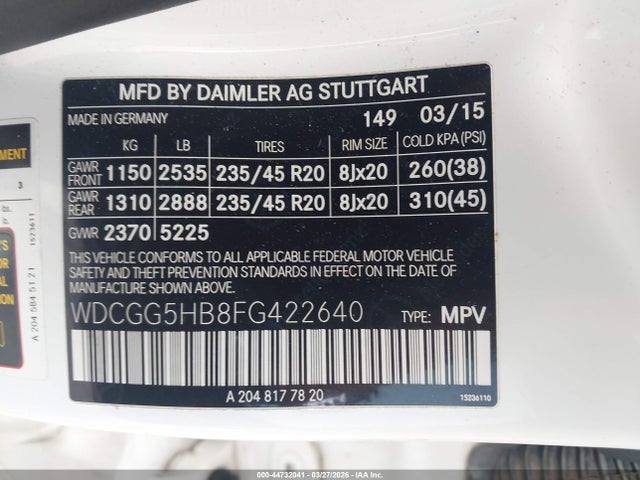 44732041 :رقم المزاد ، WDCGG5HB8FG422640 vin ، 2015 Mercedes-benz Glk 350 مزاد بيع