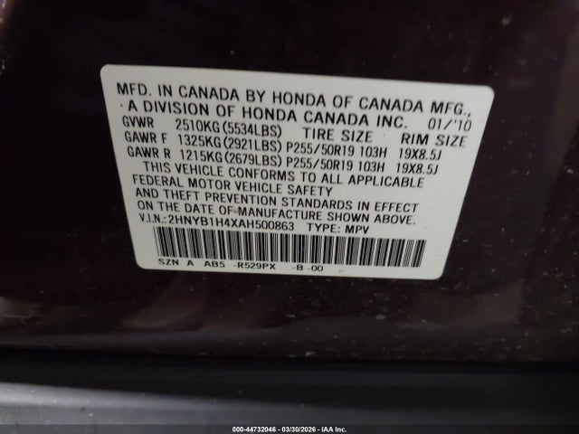 44732046 :رقم المزاد ، 2HNYB1H4XAH500863 vin ، 2010 Acura Zdx مزاد بيع