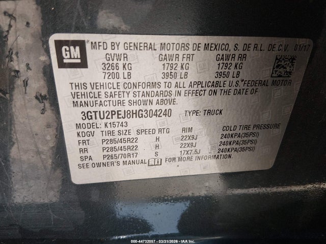 44732057 :رقم المزاد ، 3GTU2PEJ8HG304240 vin ، 2017 Gmc Sierra 1500 Denali مزاد بيع