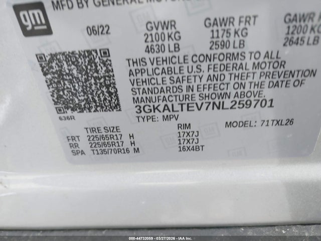 44732059 :رقم المزاد ، 3GKALTEV7NL259701 vin ، 2022 Gmc Terrain Awd Sle مزاد بيع