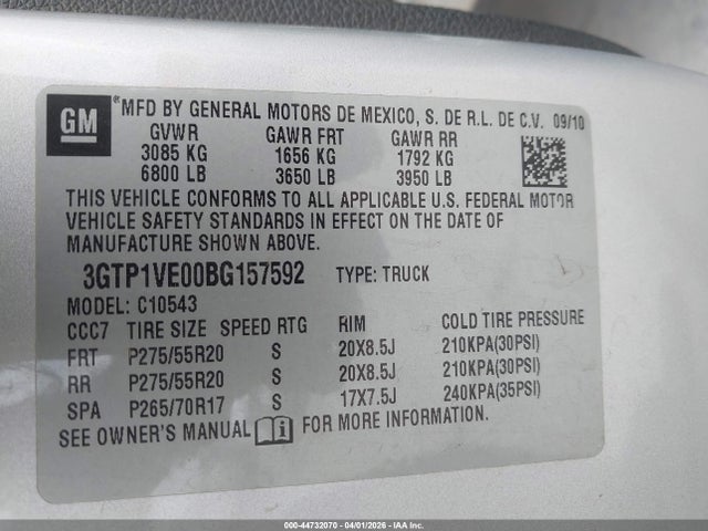 44732070 :رقم المزاد ، 3GTP1VE00BG157592 vin ، 2011 Gmc Sierra 1500 Sle مزاد بيع