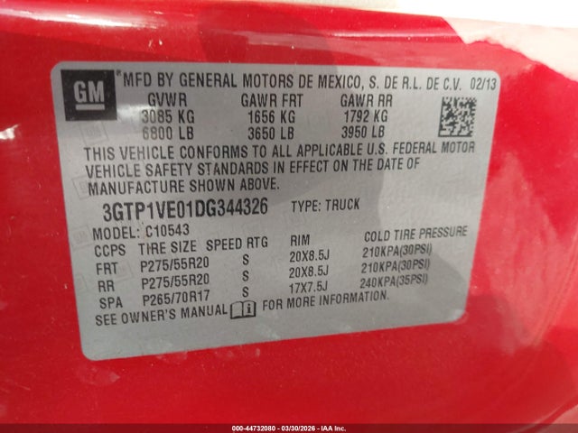 44732080 :رقم المزاد ، 3GTP1VE01DG344326 vin ، 2013 Gmc Sierra 1500 Sle مزاد بيع