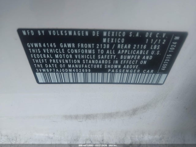 Продажа на аукционе авто 2013 Volkswagen Jetta Se, vin: 3VWBP7AJ0DM402699, номер лота: 44732083