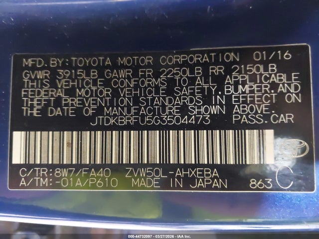 2016 TOYOTA PRIUS JTDKBRFU5G3504473 Photo 8