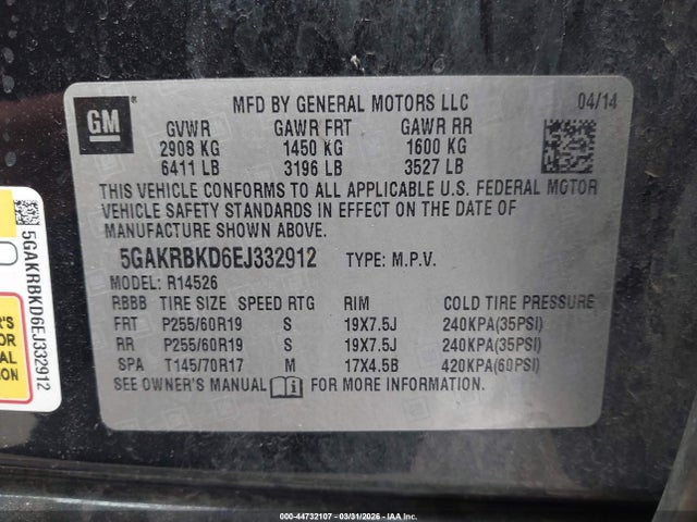 Aukcja sprzedaży 2014 Buick Enclave Leather, vin: 5GAKRBKD6EJ332912, numer aukcji: 44732107