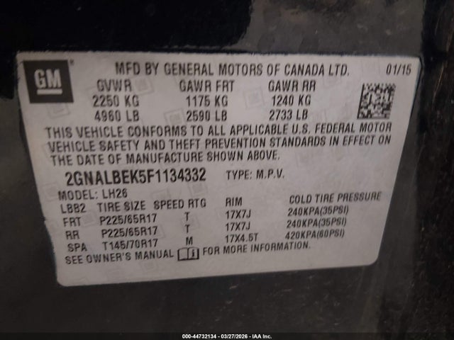 Aukcja sprzedaży 2015 Chevrolet Equinox 1lt, vin: 2GNALBEK5F1134332, numer aukcji: 44732134