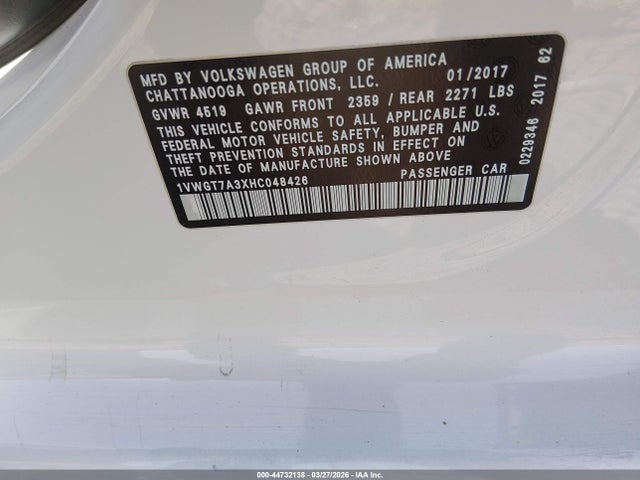 2017 Volkswagen Passat 1.8t Se მანქანა იყიდება აუქციონზე, vin: 1VWGT7A3XHC048426, აუქციონის ნომერი: 44732138
