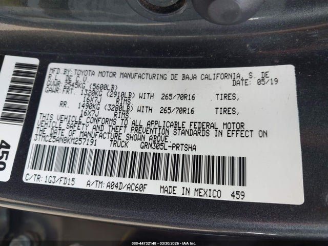Auction sale of the 2019 Toyota Tacoma Trd Off Road, vin: 3TMCZ5AN8KM257191, lot number: 44732148