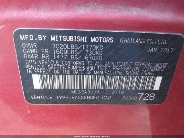 Aukcja sprzedaży 2017 Mitsubishi Mirage Es, vin: ML32A3HJ4HH019719, numer aukcji: 44732149