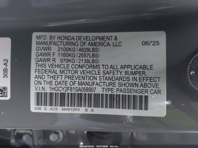 Продажа на аукционе авто 2025 Honda Accord Hybrid Touring, vin: 1HGCY2F81SA058907, номер лота: 44732167