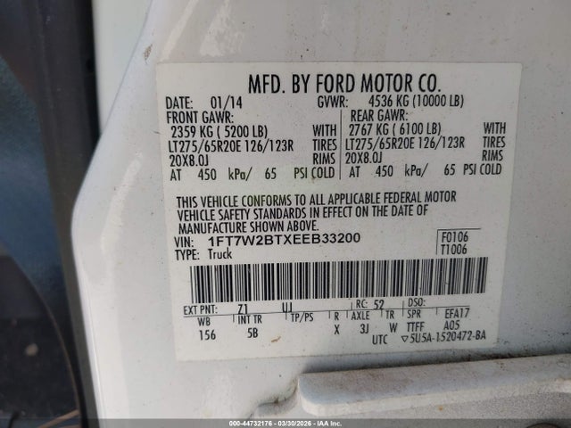 44732176 :رقم المزاد ، 1FT7W2BTXEEB33200 vin ، 2014 Ford F-250 Lariat مزاد بيع