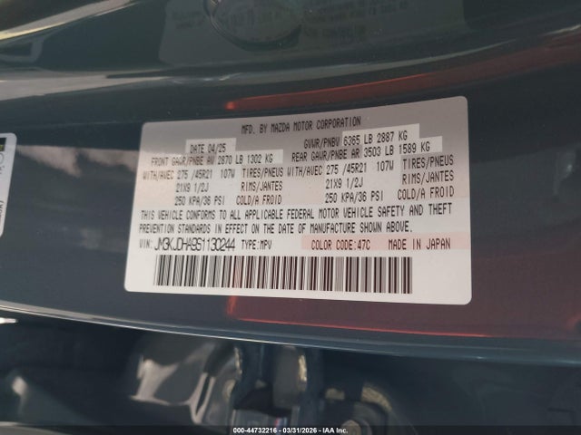 Aukcja sprzedaży 2025 Mazda Cx-70 Phev Premium Package, vin: JM3KJDHA9S1130244, numer aukcji: 44732216