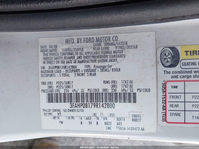 2009 Ford Fusion Sel მანქანა იყიდება აუქციონზე, vin: 3FAHP08179R142800, აუქციონის ნომერი: 44732231