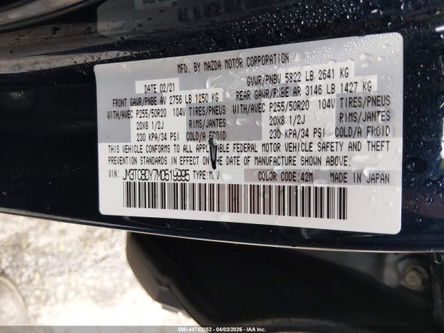 44732252 :رقم المزاد ، JM3TCBDY7M0519995 vin ، 2021 Mazda Cx-9 Grand Touring مزاد بيع