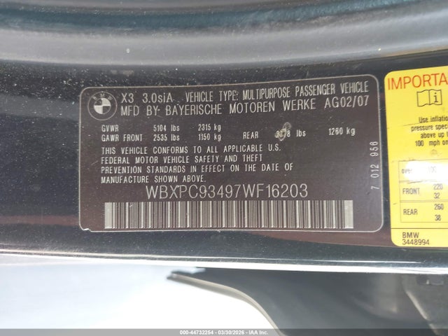Aukcja sprzedaży 2007 Bmw X3 3.0si, vin: WBXPC93497WF16203, numer aukcji: 44732254