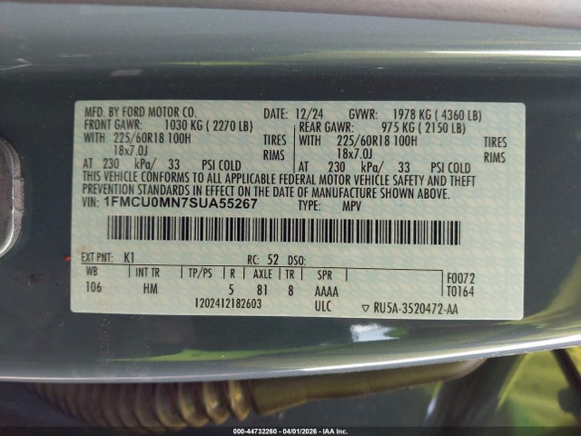 Aukcja sprzedaży 2025 Ford Escape St-line, vin: 1FMCU0MN7SUA55267, numer aukcji: 44732260