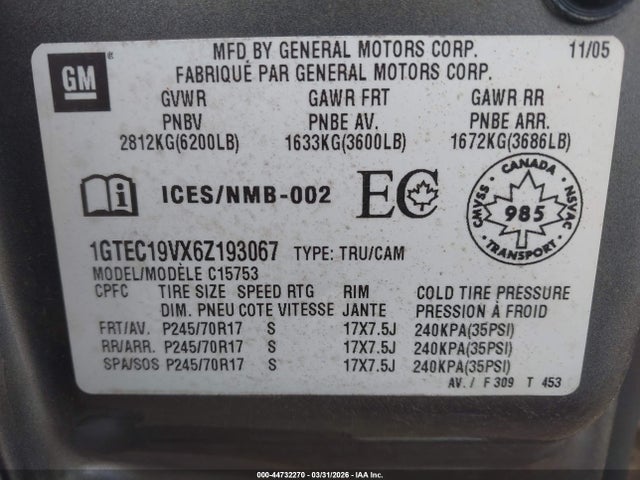 Aukcja sprzedaży 2006 Gmc Sierra 1500 Sl/sle1/work Truck, vin: 1GTEC19VX6Z193067, numer aukcji: 44732270
