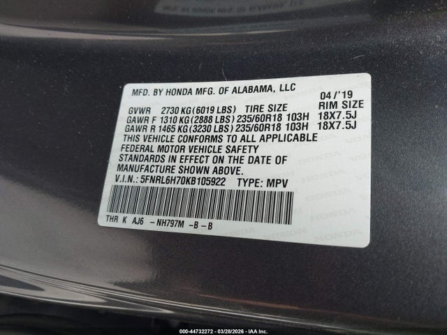 44732272 :رقم المزاد ، 5FNRL6H70KB105922 vin ، 2019 Honda Odyssey Ex-l مزاد بيع