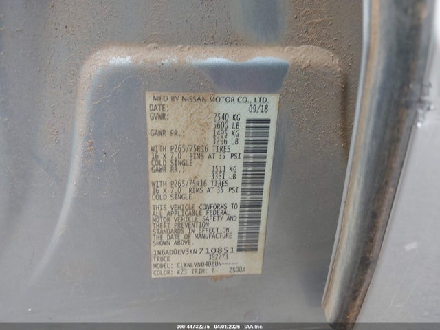 44732275 :رقم المزاد ، 1N6AD0EV3KN710851 vin ، 2019 Nissan Frontier Pro-4x مزاد بيع