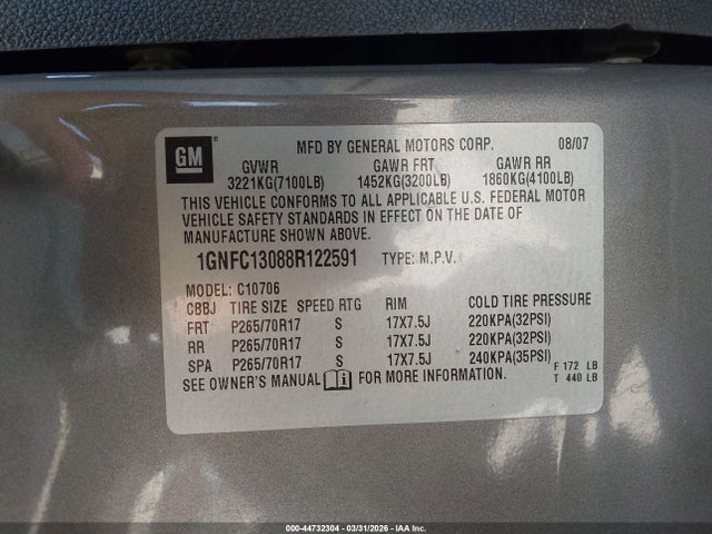 Aukcja sprzedaży 2008 Chevrolet Tahoe Ls, vin: 1GNFC13088R122591, numer aukcji: 44732304