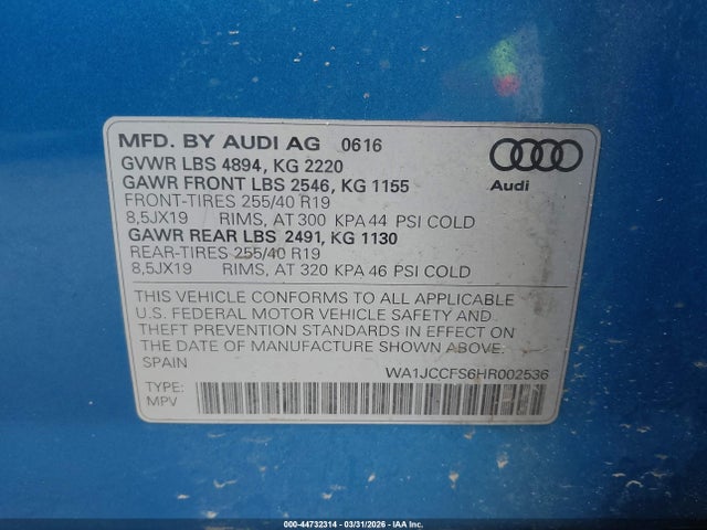 44732314 :رقم المزاد ، WA1JCCFS6HR002536 vin ، 2017 Audi Q3 2.0t Premium مزاد بيع