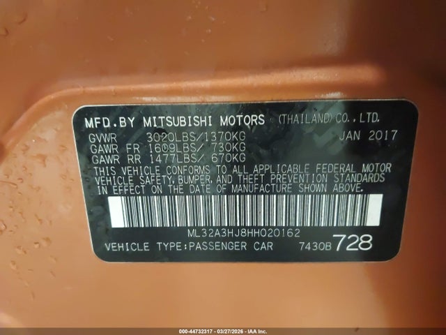 Aukcja sprzedaży 2017 Mitsubishi Mirage Es, vin: ML32A3HJ8HH020162, numer aukcji: 44732317