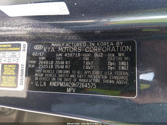 2017 Kia Sportage Lx მანქანა იყიდება აუქციონზე, vin: KNDPM3AC9H7264575, აუქციონის ნომერი: 44732364