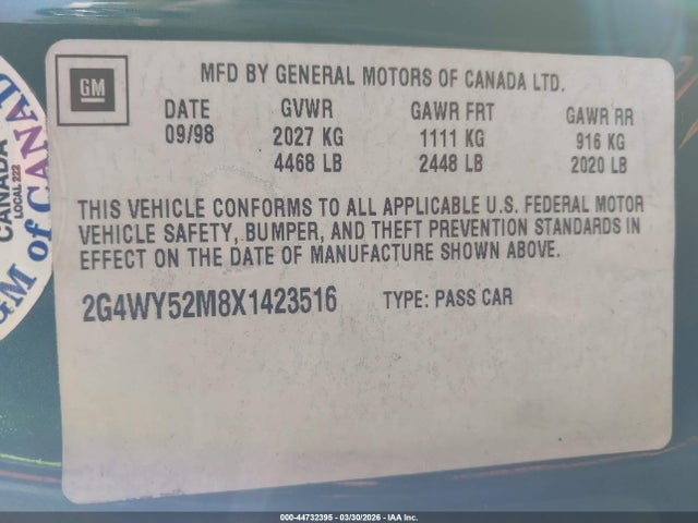 Продаж на аукціоні авто 1999 Buick Century Limited, vin: 2G4WY52M8X1423516, номер лоту: 44732395