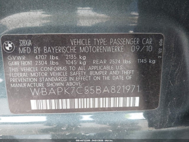 44732399 :رقم المزاد ، WBAPK7C55BA821971 vin ، 2011 Bmw 328i Xdrive مزاد بيع