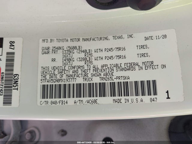 44732409 :رقم المزاد ، 5TFAX5GN0MX193777 vin ، 2021 Toyota Tacoma Sr مزاد بيع