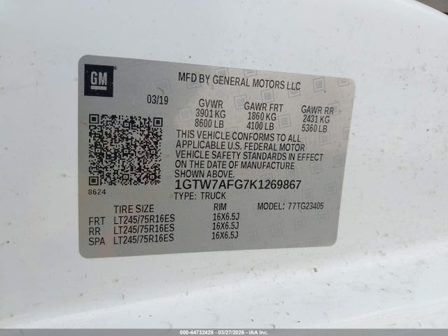 2019 Gmc Savana 2500 Work Van მანქანა იყიდება აუქციონზე, vin: 1GTW7AFG7K1269867, აუქციონის ნომერი: 44732428