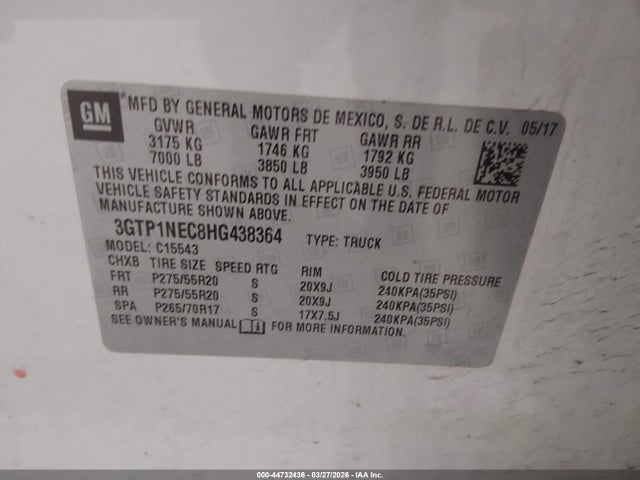 Продаж на аукціоні авто 2017 Gmc Sierra 1500 Slt, vin: 3GTP1NEC8HG438364, номер лоту: 44732436