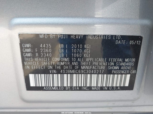 Aukcja sprzedaży 2012 Subaru Legacy 2.5i Premium, vin: 4S3BMBC69C3040217, numer aukcji: 44732466