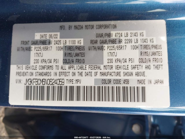 2022 Mazda Cx-5 2.5 S Preferred მანქანა იყიდება აუქციონზე, vin: JM3KFBCM6N0624059, აუქციონის ნომერი: 44732477