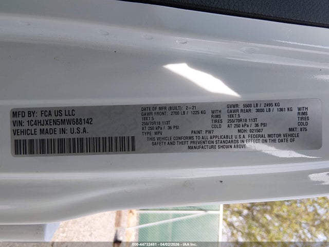 Продажа на аукционе авто 2021 Jeep Wrangler Unlimited Sahara 4x4, vin: 1C4HJXEN5MW688142, номер лота: 44732481