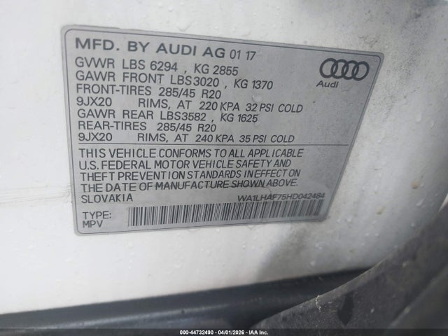 2017 Audi Q7 2.0t Premium მანქანა იყიდება აუქციონზე, vin: WA1LHAF75HD042484, აუქციონის ნომერი: 44732490