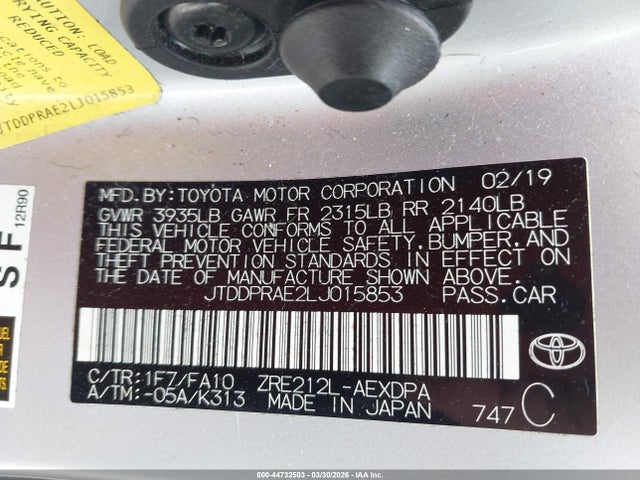 JTDDPRAE2LJ015853 Toyota COROLLA L