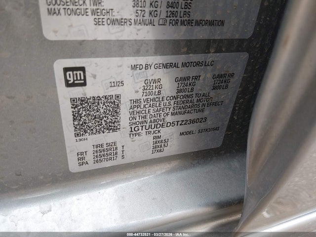 44732521 :رقم المزاد ، 1GTUUDED5TZ236023 vin ، 2026 Gmc Sierra 1500 , Short Bed, Slt, 4wd مزاد بيع