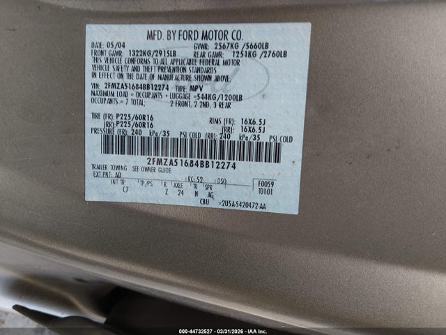 Aukcja sprzedaży 2004 Ford Freestar Se, vin: 2FMZA51684BB12274, numer aukcji: 44732527
