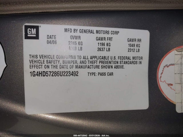 2006 Buick Lucerne Cxl მანქანა იყიდება აუქციონზე, vin: 1G4HD57286U223492, აუქციონის ნომერი: 44732542
