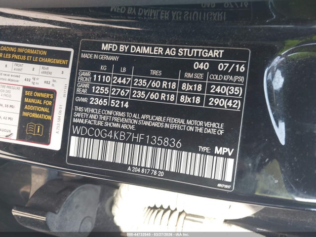 44732545 :رقم المزاد ، WDC0G4KB7HF135836 vin ، 2017 Mercedes-benz Glc 300 4matic مزاد بيع