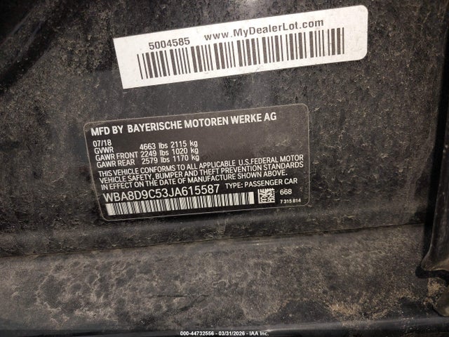 2018 Bmw 330i Xdrive მანქანა იყიდება აუქციონზე, vin: WBA8D9C53JA615587, აუქციონის ნომერი: 44732556