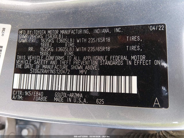 Aukcja sprzedaży 2022 Toyota Highlander Xle, vin: 5TDGZRAH1NS120472, numer aukcji: 44732558