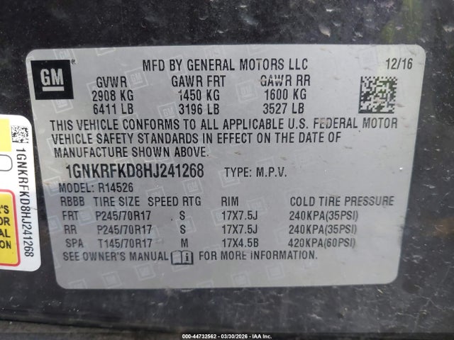 Продажа на аукционе авто 2017 Chevrolet Traverse Ls, vin: 1GNKRFKD8HJ241268, номер лота: 44732562