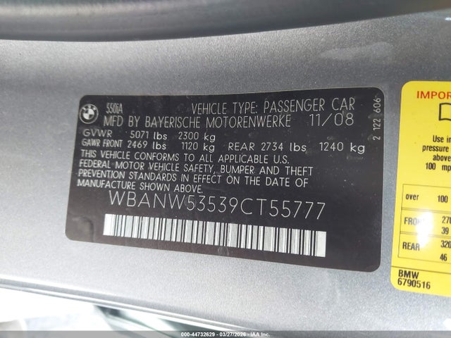 44732629 :رقم المزاد ، WBANW53539CT55777 vin ، 2009 Bmw 550i مزاد بيع