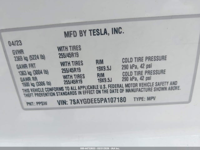 Aukcja sprzedaży 2023 Tesla Model Y, vin: 7SAYGDEE5PA107180, numer aukcji: 44732633