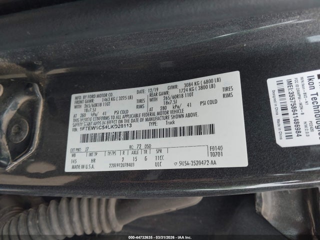 Aukcja sprzedaży 2020 Ford F-150 Lariat, vin: 1FTEW1C54LKD28113, numer aukcji: 44732635
